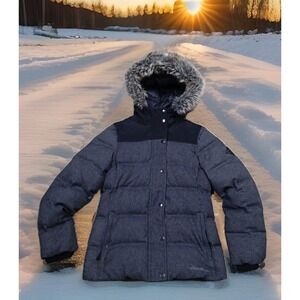 Eddie Bauer Puffer Parka Women XS Petite Gray Excellent Faux Fur‎ Hood Down Coat